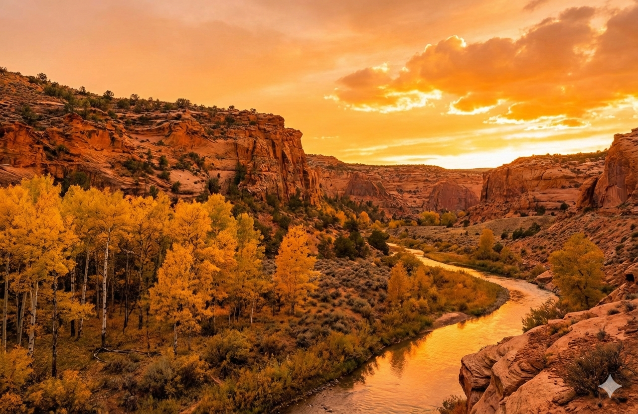 A river running through a wooded canyon with a sunset in the distance